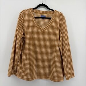 Laura Scott‎ Womens Long Sleeve V Neck Houndstooth Print Sweater XL Gold White